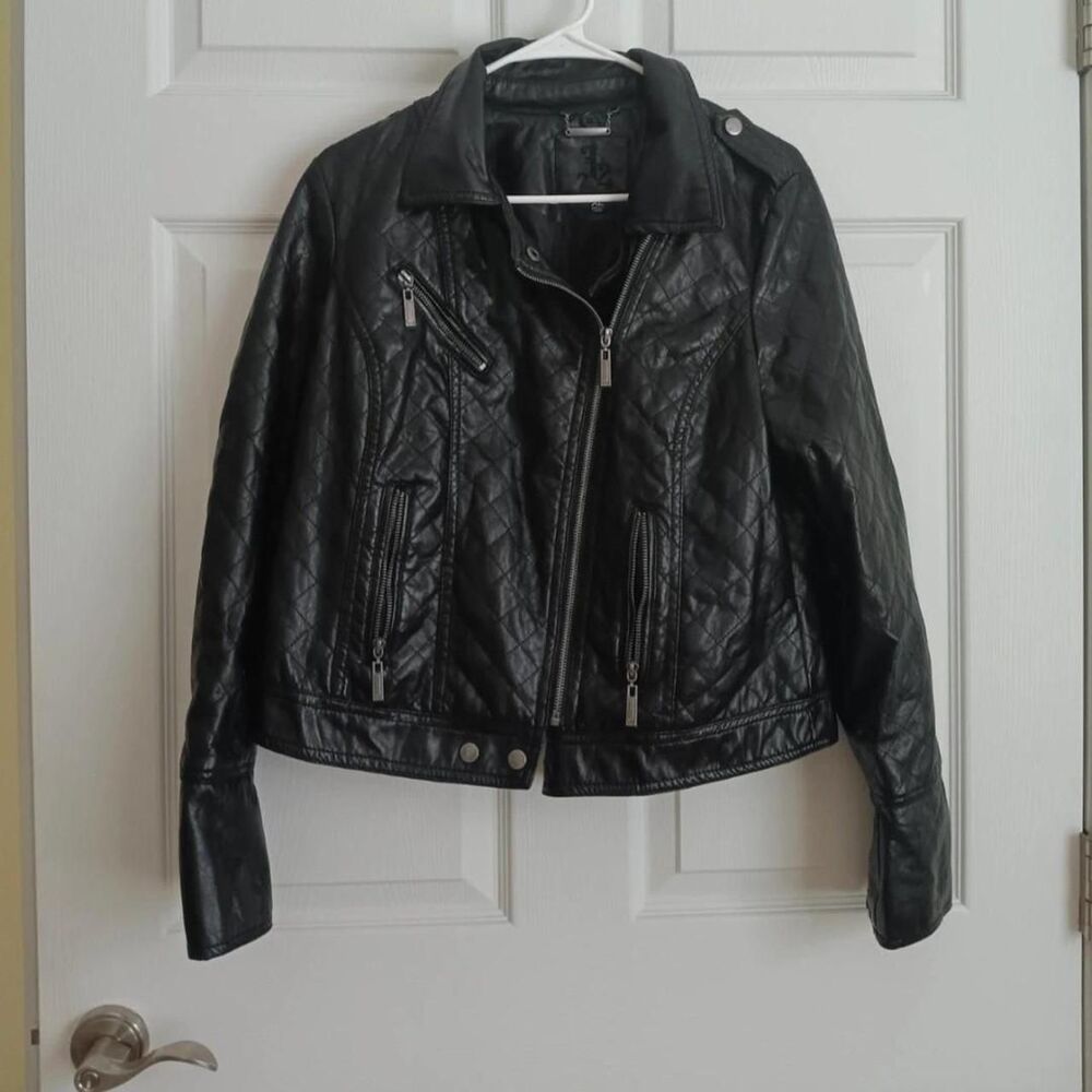 J2 Black Quilted Faux Leater Moto Biker Jacket XL